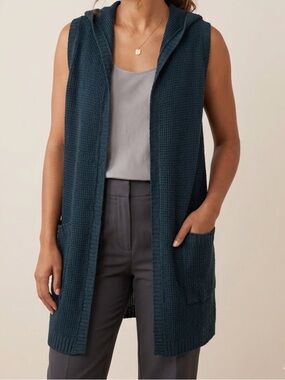 SHERRY CASSIN Linen Sleeveless Cardigan Knit Hooded Longline Open Vest Large